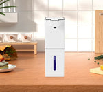 USB rechargeable automatic foam soap dispenser in white with blue soap level indicator on kitchen countertop