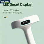 Anti-gravity humidifier close-up of LED smart display showing real-time clock on green background