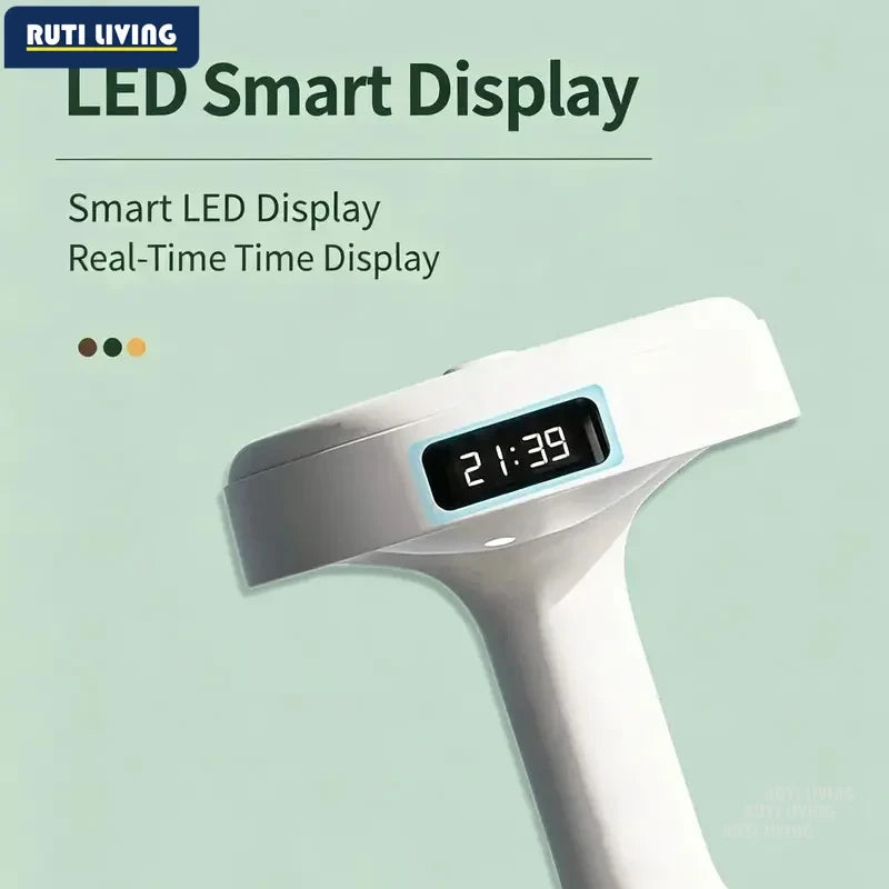Anti-gravity humidifier close-up of LED smart display showing real-time clock on green background