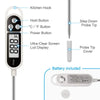 TP300 thermometer parts diagram: kitchen hook, hold button, C/F button, power button, ultra-clear LCD display, step-down probe tip, probe tip cover; temperature range -50°C to +300°C, battery included (1.5V LR44)