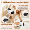Portable vacuum garment steamer 2-in-1 dry and steam ironing modes comparison showing use on shirt and bedding