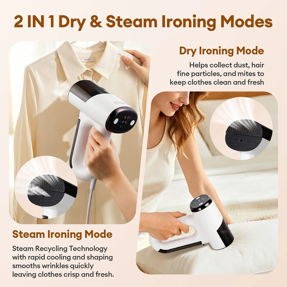 Portable vacuum garment steamer 2-in-1 dry and steam ironing modes comparison showing use on shirt and bedding