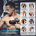 Fitness man using Booster massage gun on chest; 8 massage heads guide: large ball for back/leg/waist, flat head for whole body, thumb head for joints, fork head for spine/achilles, standard ball for all body parts, mushroom head for soft tissue, hot compress head, metal bullet head