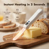 USB rechargeable heated butter knife spreading melted butter on bread on wooden cutting board; features instant heating in 2 seconds, 120-minute runtime, up to 15 days of use, fast charging, and Type-C input