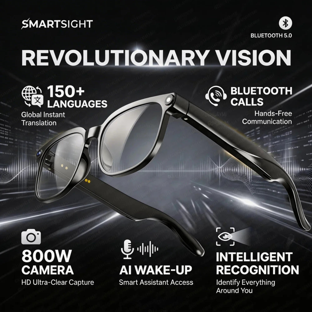 SmartSight AI smart glasses with clear lenses: 150+ language translation, Bluetooth 5.0 calls, 800W camera, AI wake-up, intelligent recognition