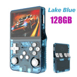 Transparent lake blue retro handheld game console 128GB variant, front and back views showing shoulder buttons