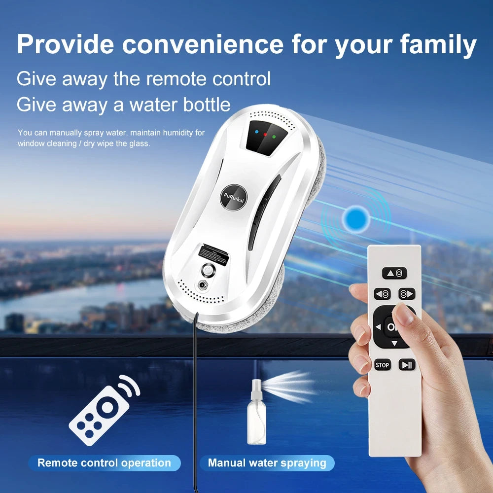 PuRuiKai electric window cleaning robot on high-rise window with remote control and water bottle accessories, showing remote control operation and manual water spraying features