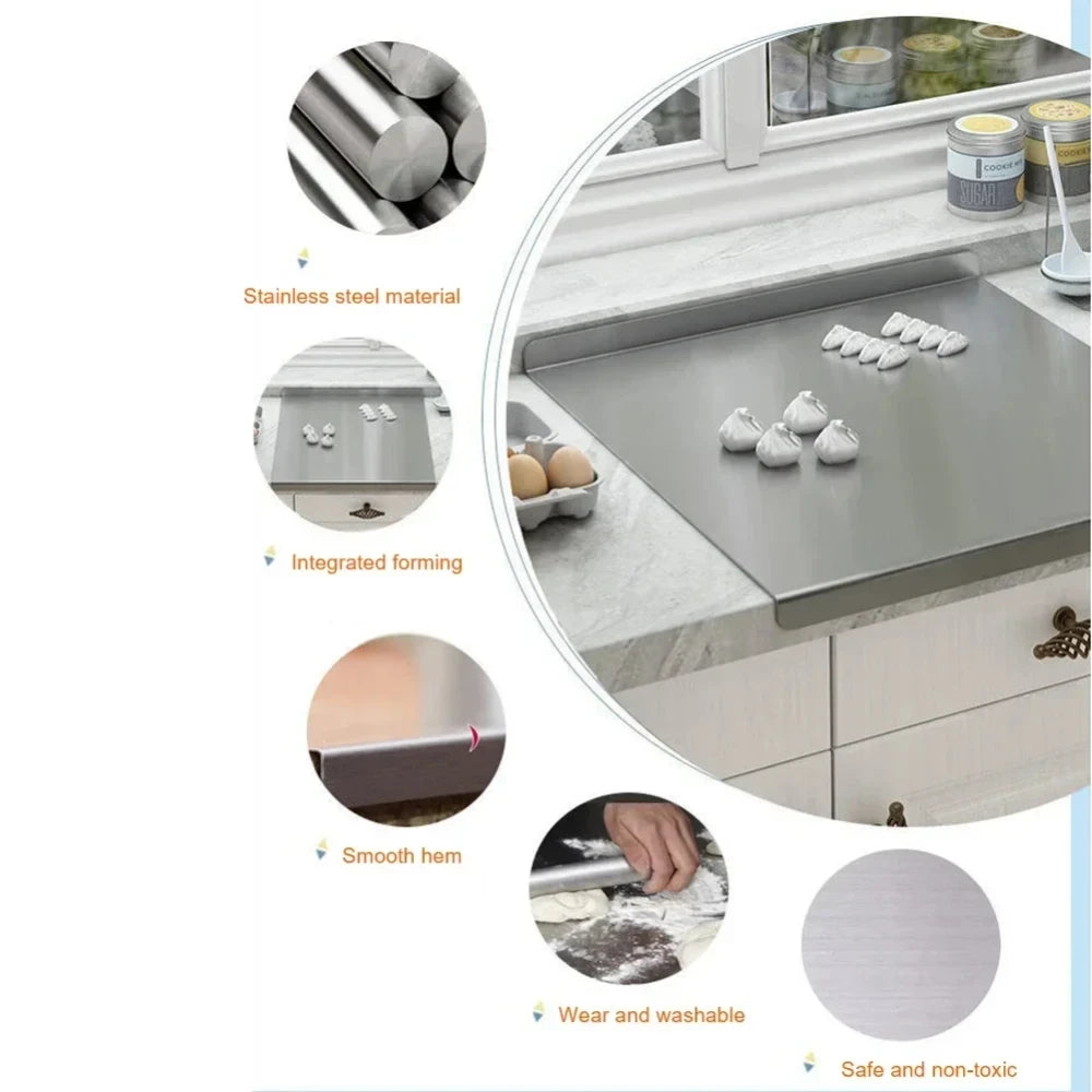 Stainless steel kitchen board features infographic showing smooth hem, integrated forming, and washable surface