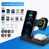 Compatible devices chart showing supported iPhones (14 Pro Max through X/XR), Samsung Galaxy phones (S22 through S9/S8), AirPods (Pro2, Pro, 3, 2), and Apple Watch (SE, 8/7/6/5/4/3/2); product shown charging iPhone, Apple Watch, and AirPods on blue background