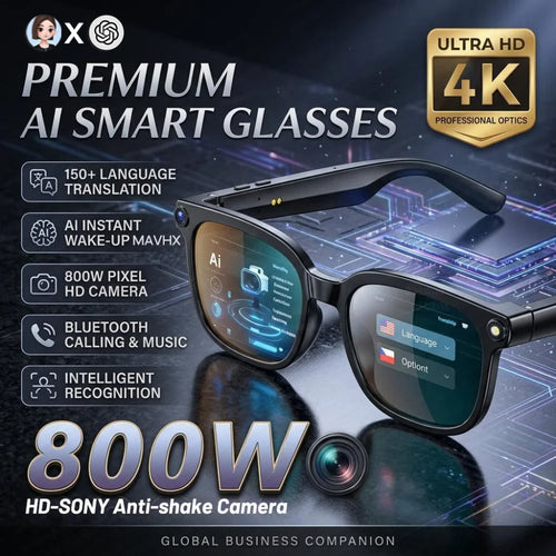 Premium AI smart glasses feature overview: Ultra HD 4K professional optics, 150+ language translation, AI instant wake-up, 800W pixel HD Sony anti-shake camera, Bluetooth calling and music, intelligent recognition