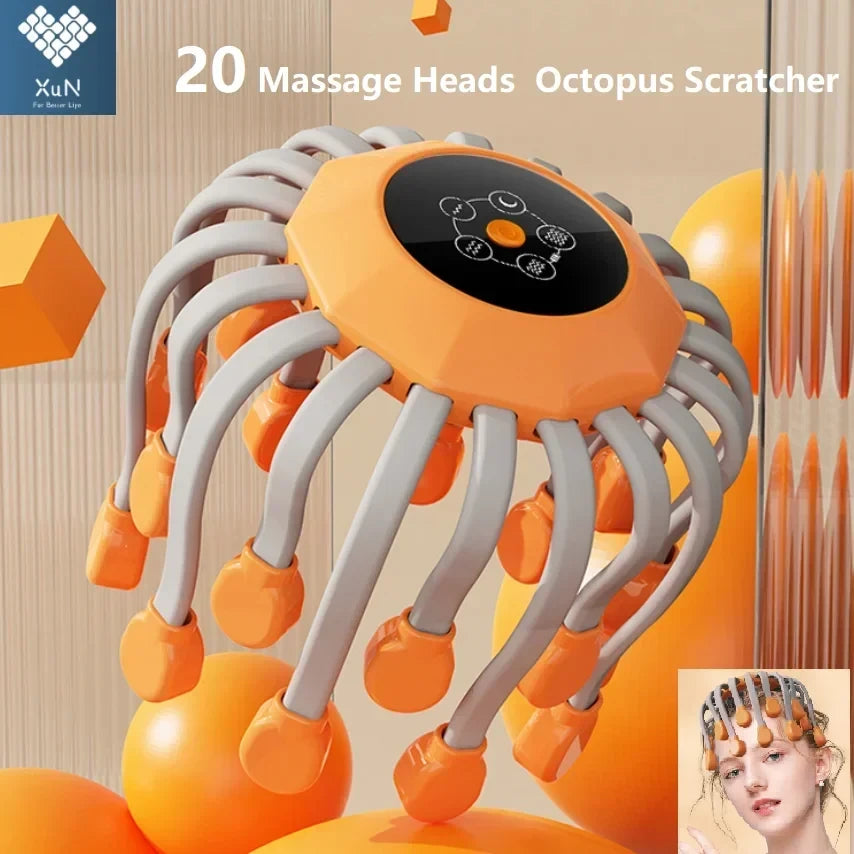 XuN orange octopus electric head massager with 20 massage heads shown floating with lifestyle inset of woman wearing device on head