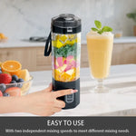 Hand pressing Pulse button on portable electric fruit mixer filled with colorful fruit and vegetables on kitchen countertop; fresh smoothie in glass beside it; "Easy to Use with two independent mixing speeds" text