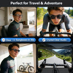 AI smart glasses perfect for travel and adventure: clear lenses converting to sunglasses in 30 seconds, crystal clear audio, 1080P HD video recording POV cycling footage