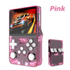 Transparent pink retro handheld game console 128GB variant with white XYAB buttons, front and back views