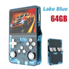 Transparent lake blue retro handheld game console 64GB variant, front and back views showing shoulder buttons