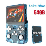 Transparent lake blue retro handheld game console 64GB variant, front and back views showing shoulder buttons