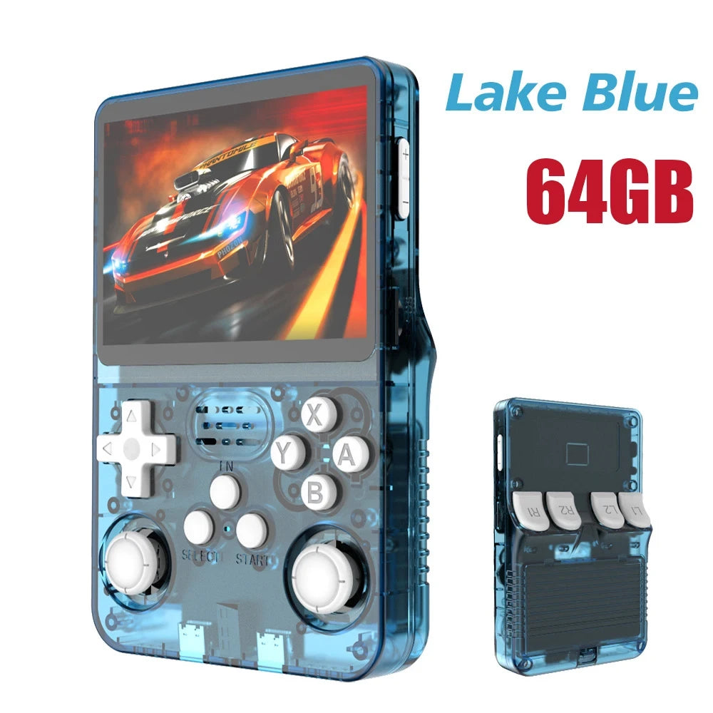 Transparent lake blue retro handheld game console 64GB variant, front and back views showing shoulder buttons