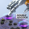 Close-up of retro handheld game console double joystick with glowing purple LED rings, robot hand pressing joystick