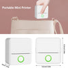 Portable mini thermal printer dimensions: 8.5cm x 8.5cm x 4cm, shown fitting in a handbag