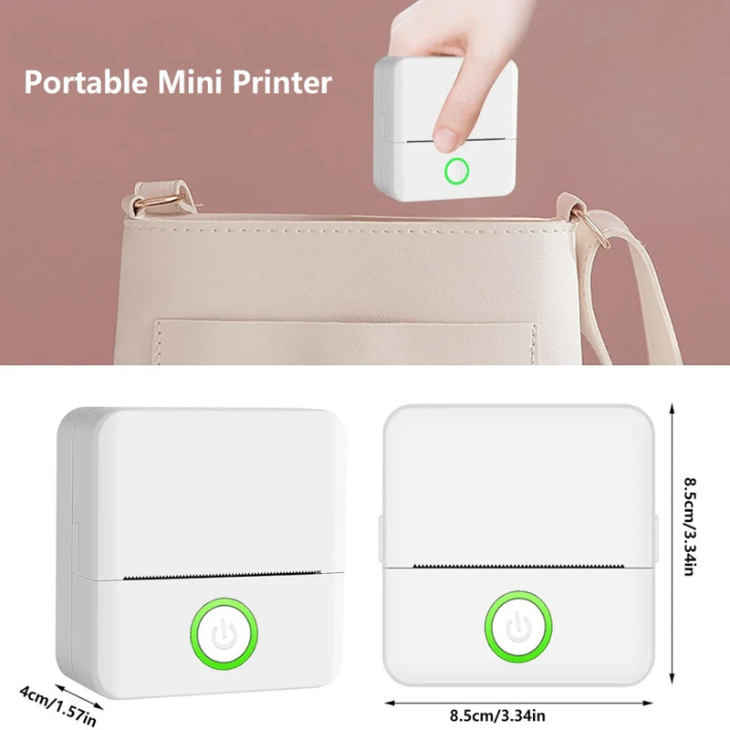 Portable mini thermal printer dimensions: 8.5cm x 8.5cm x 4cm, shown fitting in a handbag
