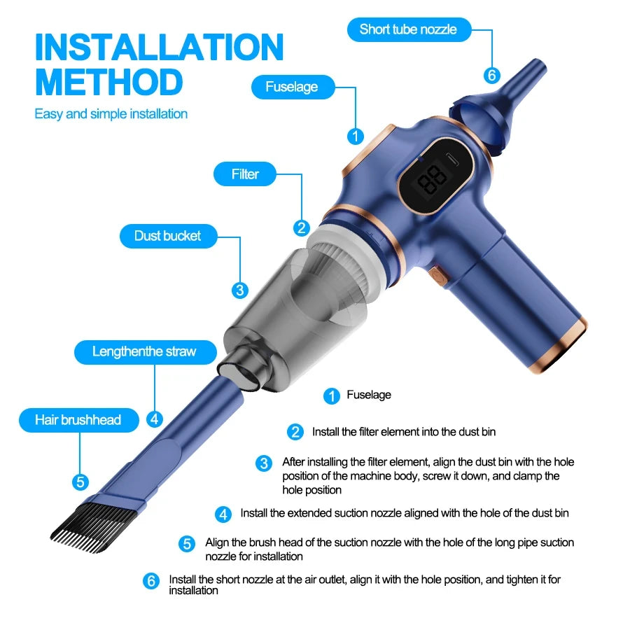 Blue portable handheld vacuum cleaner assembly diagram showing fuselage, filter, dust bucket, extended straw, hair brush head, and short tube nozzle with numbered installation steps