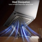 Metal laptop stand with cutout ventilation design showing heat dissipation airflow underneath laptop keeping it cooler