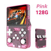 Transparent pink retro handheld game console 128GB variant with white XYAB buttons, alternate front and back views