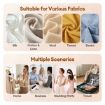 Portable vacuum garment steamer fabric compatibility chart: silk, cotton, linen, wool, tweed, denim, with home, business, wedding, and travel use scenarios
