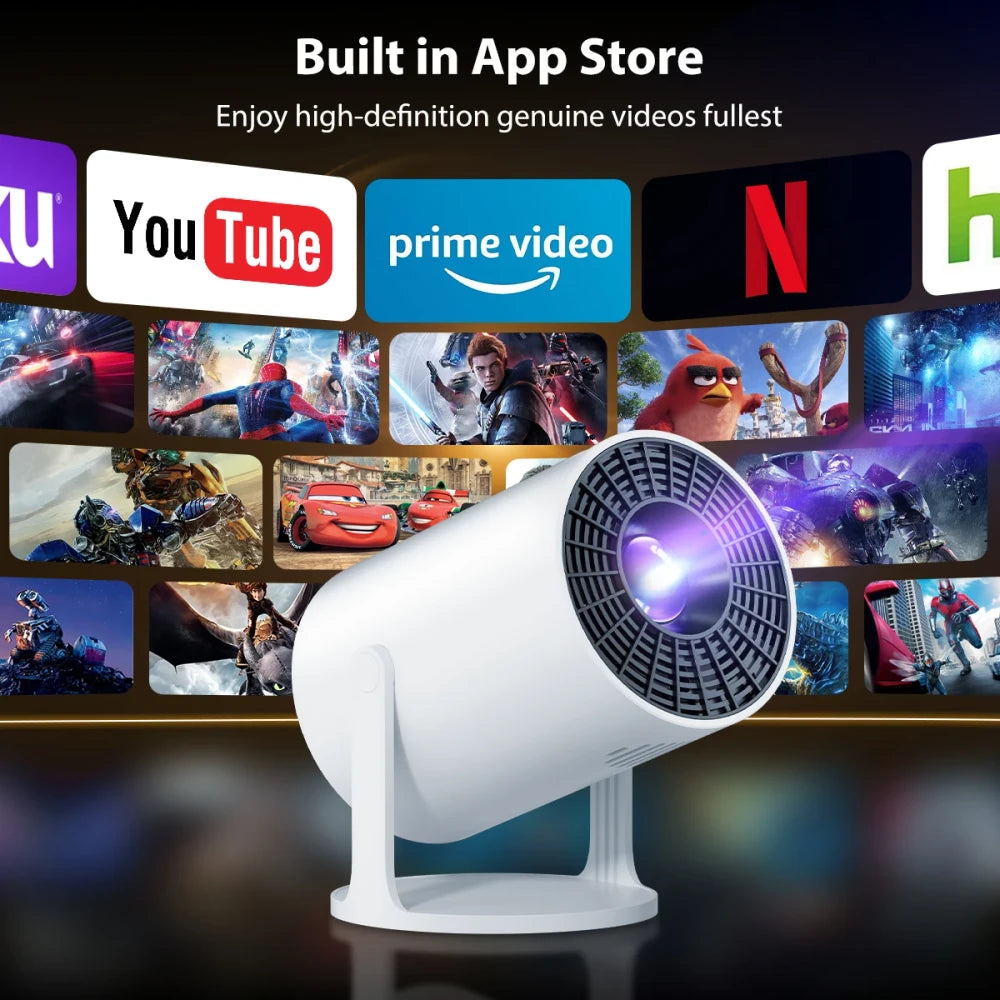 Compact 4K mini projector with built-in app store showing YouTube, Prime Video, Netflix, and Hulu streaming apps