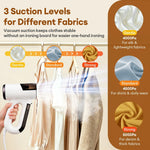 Portable vacuum garment steamer 3 suction levels chart: 4000Pa gentle for silk, 4500Pa standard for shirts, 5000Pa strong for denim