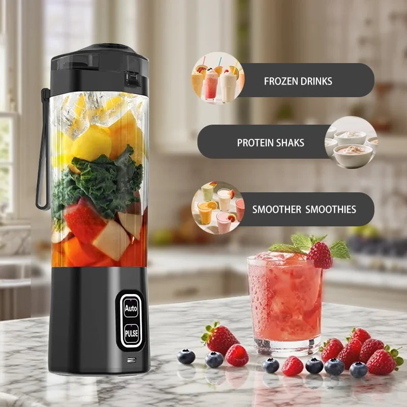 Portable electric fruit mixer filled with tropical fruits and vegetables on kitchen counter with strawberry smoothie in glass beside it; use cases: frozen drinks, protein shakes, smoother smoothies