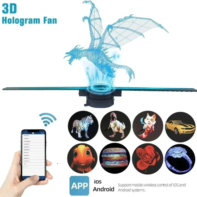 3D hologram fan projector displaying dragon hologram with app control for iOS and Android