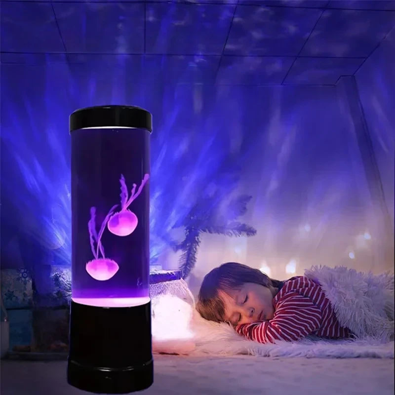 Color changing LED jellyfish night light in purple glowing in dark bedroom next to sleeping child with ocean wave light projection on ceiling and walls