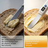 Side-by-side comparison of regular knife vs heated butter knife: regular knife tears bread with no melting or display; heated knife smoothly spreads butter with rapid melting, heating function, display screen