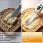 Side-by-side comparison of regular knife vs heated butter knife: regular knife tears bread with no melting or display; heated knife smoothly spreads butter with rapid melting, heating function, display screen