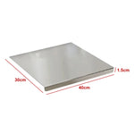 Stainless steel kitchen cutting board with dimensions 40cm x 30cm x 1.5cm on white background