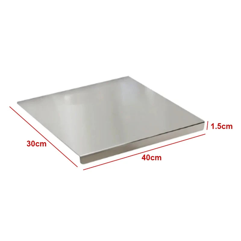 Stainless steel kitchen cutting board with dimensions 40cm x 30cm x 1.5cm on white background