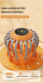 Orange octopus electric head massager with 9000mAh rechargeable battery, 15-minute auto shut-off timer, and 7-day endurance, wireless and portable