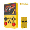 Solid yellow retro handheld game console with red joysticks, black XYAB buttons, 64GB storage, front and back views