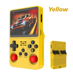 Solid yellow retro handheld game console with red joysticks, black XYAB buttons, 64GB storage, front and back views