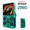 Transparent green retro handheld game console 256GB variant with colorful XYAB buttons, front and back views
