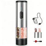 Stainless steel 2-in-1 electric salt and pepper grinder with dual S and P buttons, teal LED dots, split transparent chamber showing mixed peppercorns and pink himalayan salt; includes USB charging cable and cleaning brush, on white background