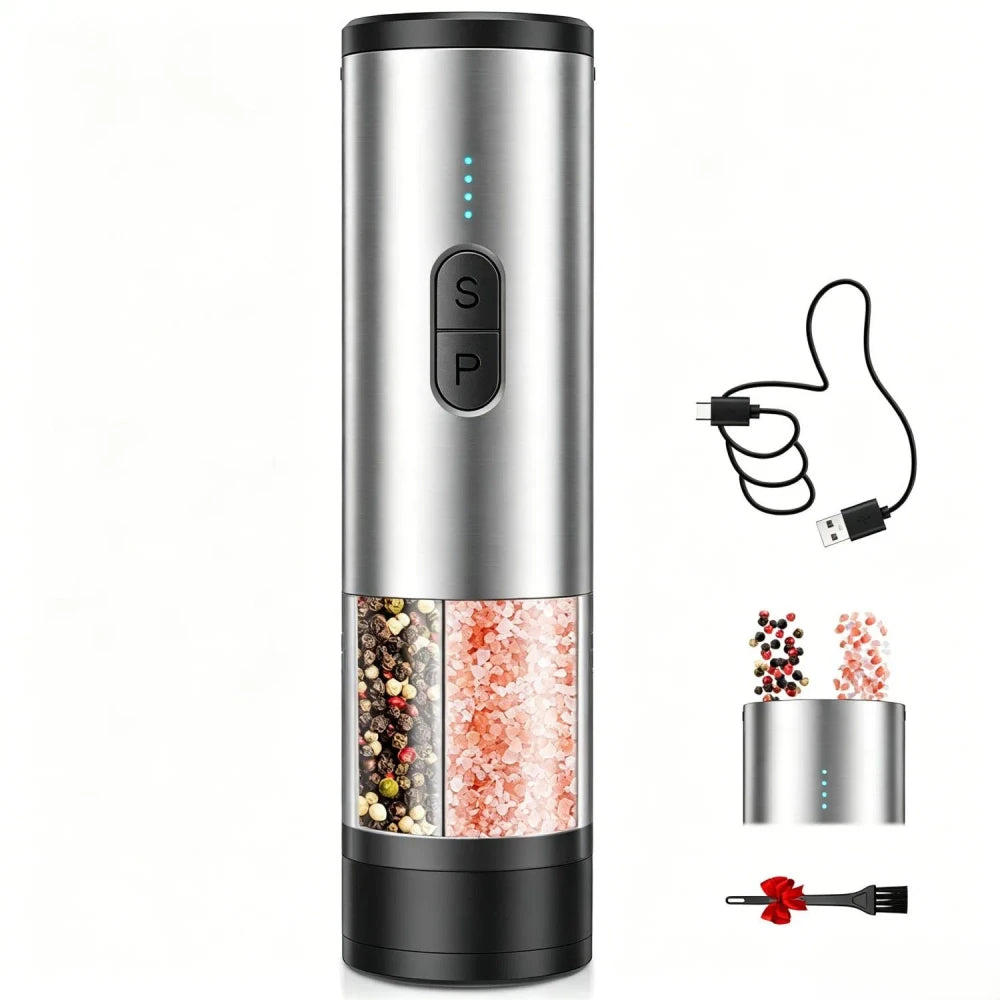 Stainless steel 2-in-1 electric salt and pepper grinder with dual S and P buttons, teal LED dots, split transparent chamber showing mixed peppercorns and pink himalayan salt; includes USB charging cable and cleaning brush, on white background
