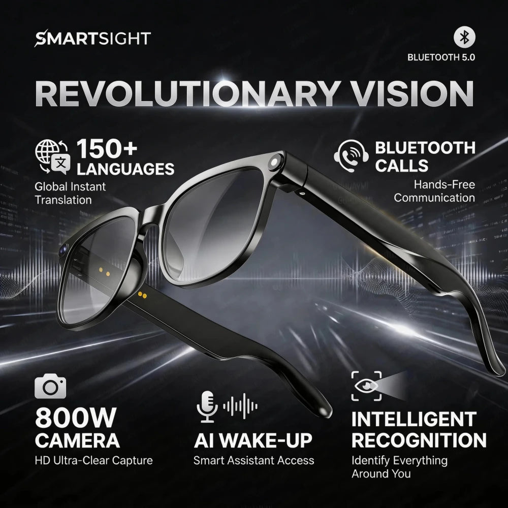SmartSight AI smart glasses with gradient transition lenses: 150+ language translation, Bluetooth 5.0 calls, 800W camera, AI wake-up, intelligent recognition