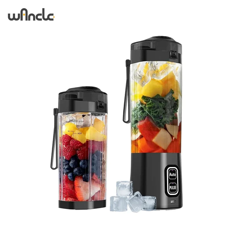 Wancle portable electric fruit mixer set: small 400ml cup filled with strawberries and blueberries next to large blender cup filled with mango, kale, and vegetables, with Auto and Pulse buttons, on white background