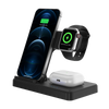 3-in-1 wireless charging station in black with iPhone 12 Pro charging at 95%, Apple Watch charging at 100%, and AirPods Pro case on base pad, on white background