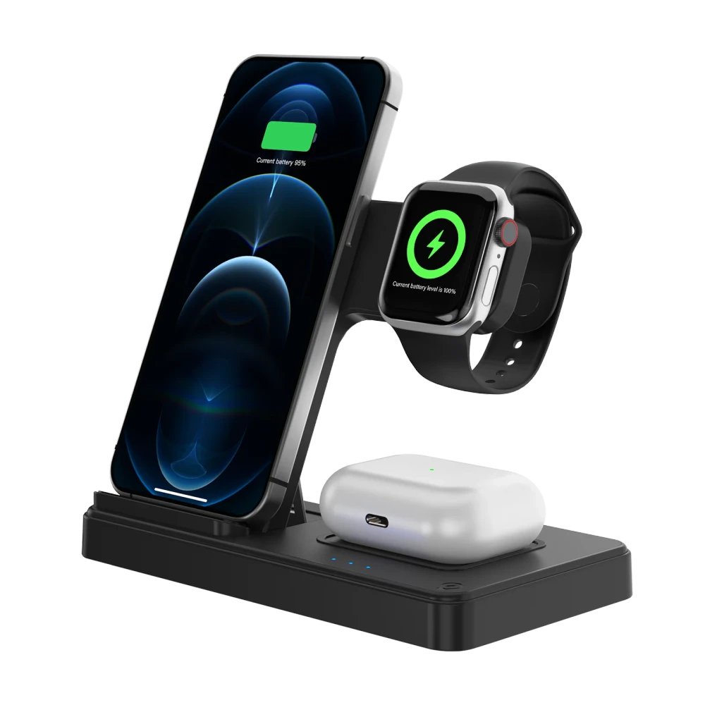 3-in-1 wireless charging station in black with iPhone 12 Pro charging at 95%, Apple Watch charging at 100%, and AirPods Pro case on base pad, on white background