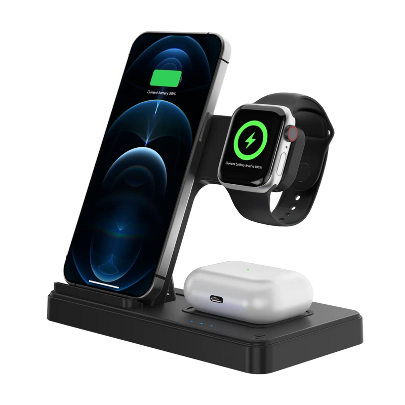 3-in-1 wireless charging station in black with iPhone 12 Pro charging at 95%, Apple Watch charging at 100%, and AirPods Pro case on base pad, on white background