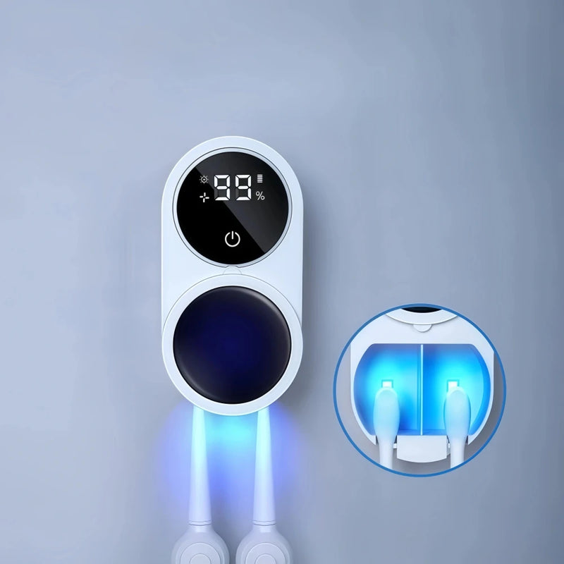 Automatic toothbrush dryer with UV blue light sterilization chamber close-up