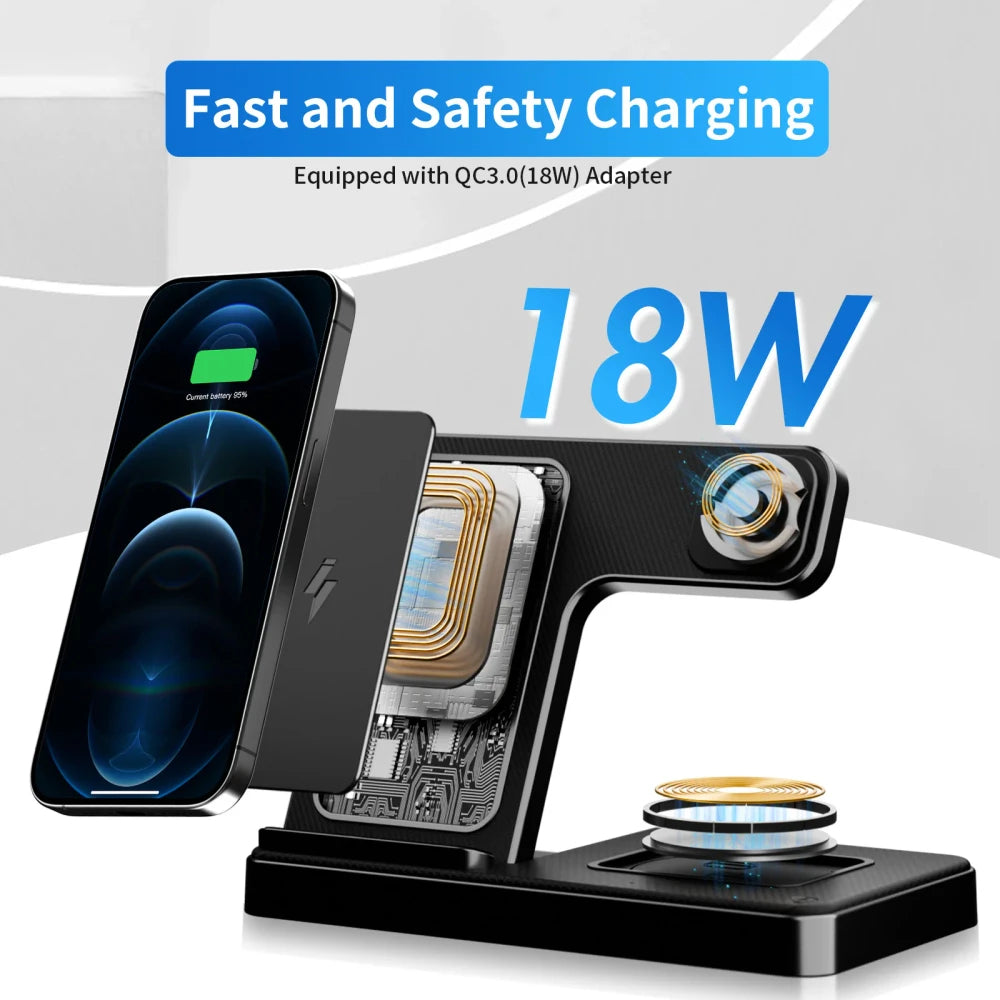 3-in-1 wireless charging station with cutaway view showing internal charging coils; "Fast and Safety Charging — Equipped with QC3.0 (18W) Adapter" and 18W text overlay
